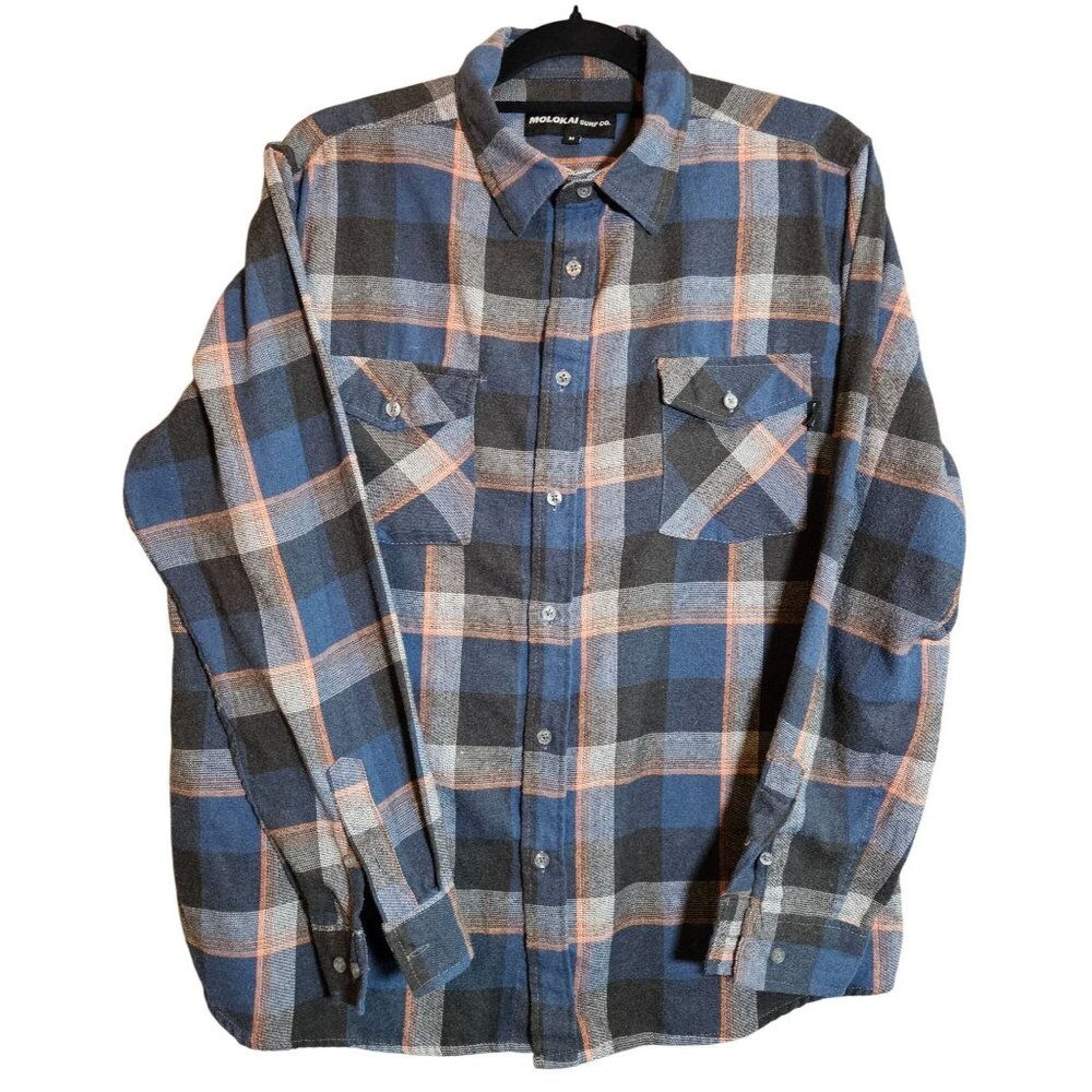 Molokai Surf Co. Mens Blue/Black Plaid Flannel Button-Up Shirt L